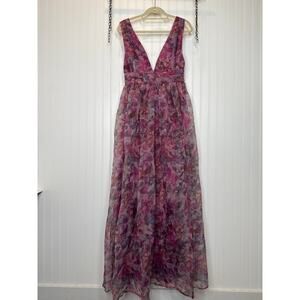 NWT Lulus Garden Romance Magenta Floral Print Organza Maxi Dress Slit Size S